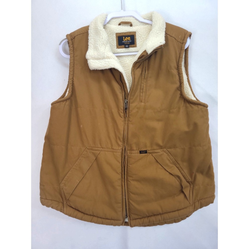 Lee Sherpa‎ Lined Canvas Full Zip Vest Mens M Three Pocket Brown Cotton Shell